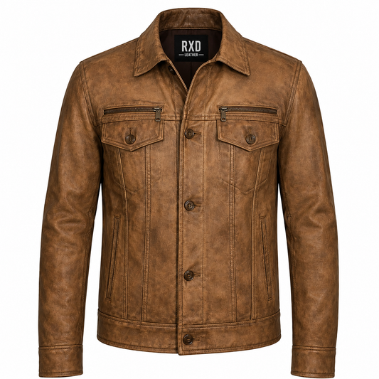 Men's vintage distressed brown leather trucker jacket – RXD Leather 1254