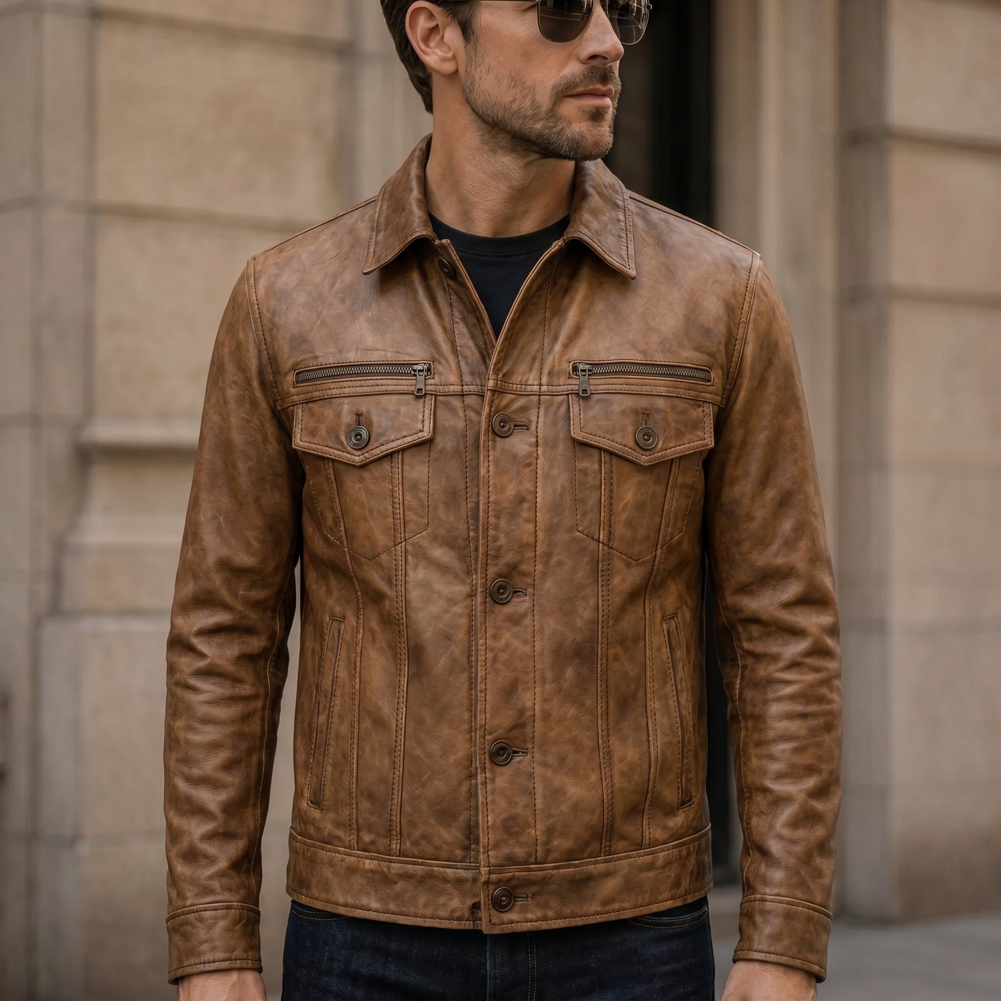 Men's brown leather trucker jacket classic fit – RXD Leather