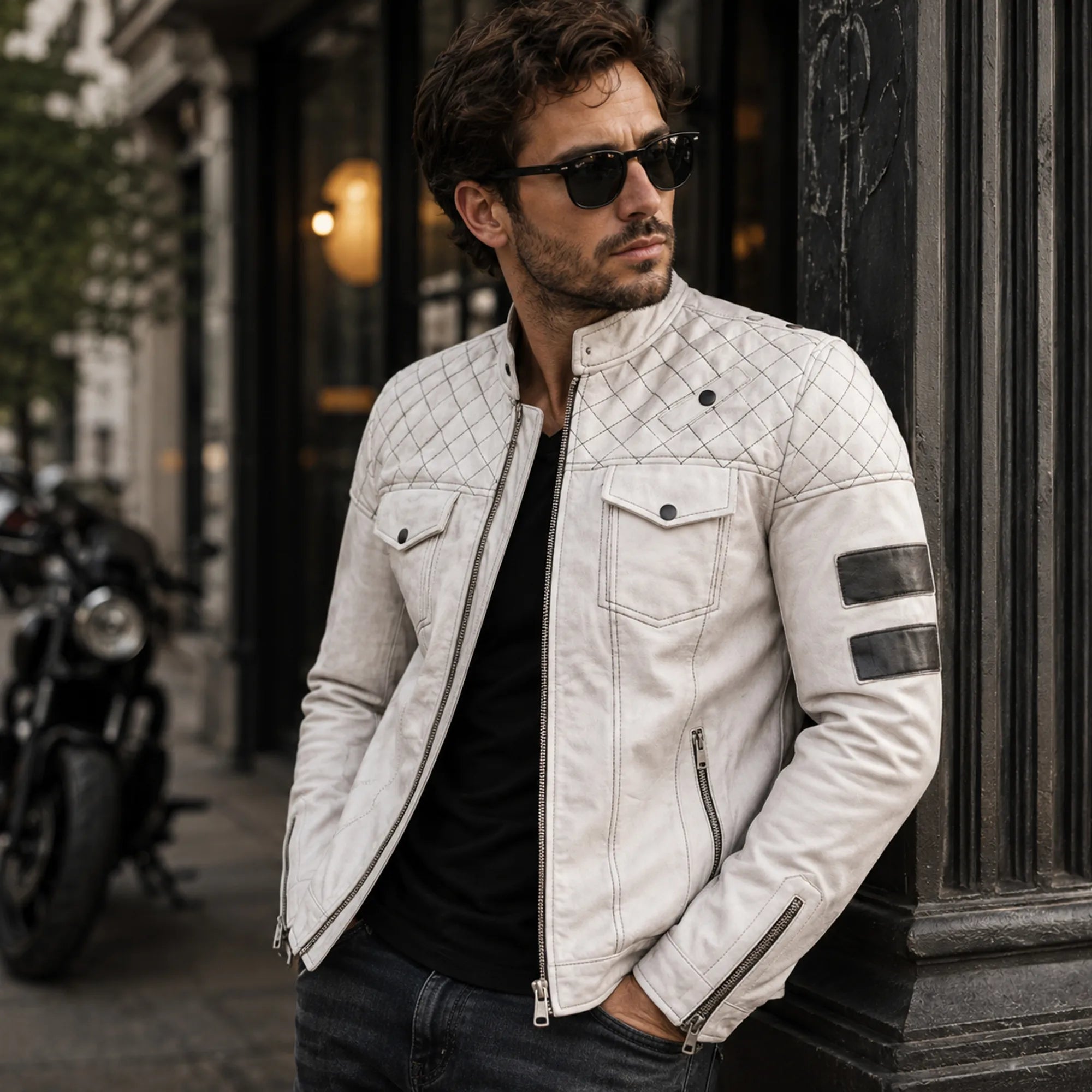 Men's white nappa aviator jacket with nehru collar – RXD Leather