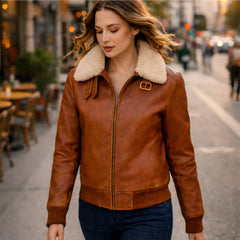 Women Brown Cowhide Leather Bomber Aviator Jacket Winter Style - RXD Leather 00436 