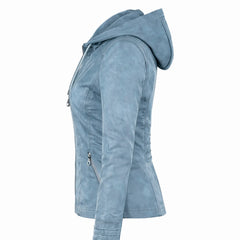 Women Blue Faux Leather Hooded Jacket Slim Fit Casual Wear Style - RXD Leather 0019