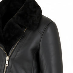 Women Black Sheepskin Aviator Biker Jacket Oversized Winter Fit - RXD Leather 00436 