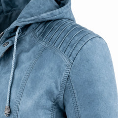 Women Blue Faux Leather Hooded Jacket Slim Fit Casual Wear Style - RXD Leather 0019
