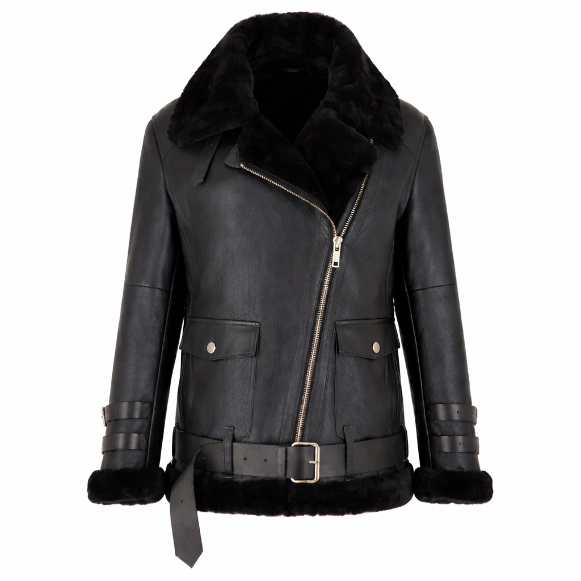 Women Black Sheepskin Aviator Biker Jacket Oversized Winter Fit - RXD Leather 00436
