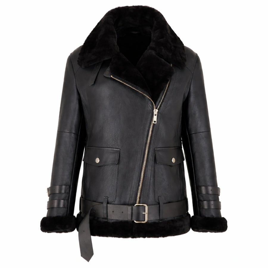 Women's black sheepskin aviator biker jacket – RXD Leather