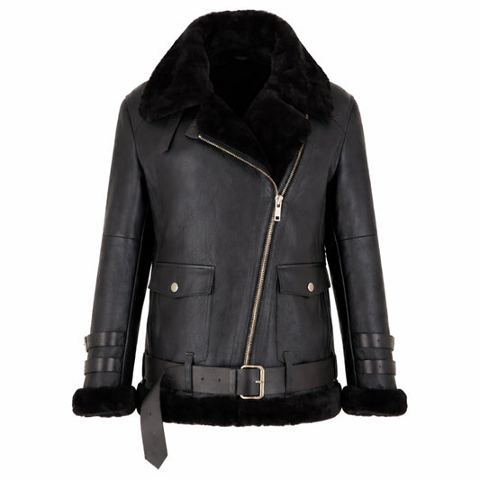 Women Black Sheepskin Aviator Biker Jacket Oversized Winter Fit - RXD Leather 00436 2000