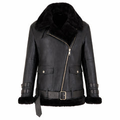 Women Black Sheepskin Aviator Biker Jacket Oversized Winter Fit - RXD Leather 00436