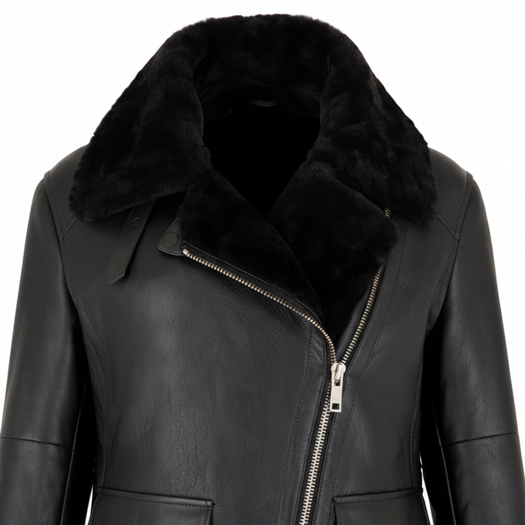 Women Black Sheepskin Aviator Biker Jacket Oversized Winter Fit - RXD Leather 00436 