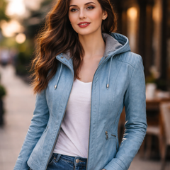 Women Blue Faux Leather Hooded Jacket Slim Fit Casual Wear Style - RXD Leather 0019
