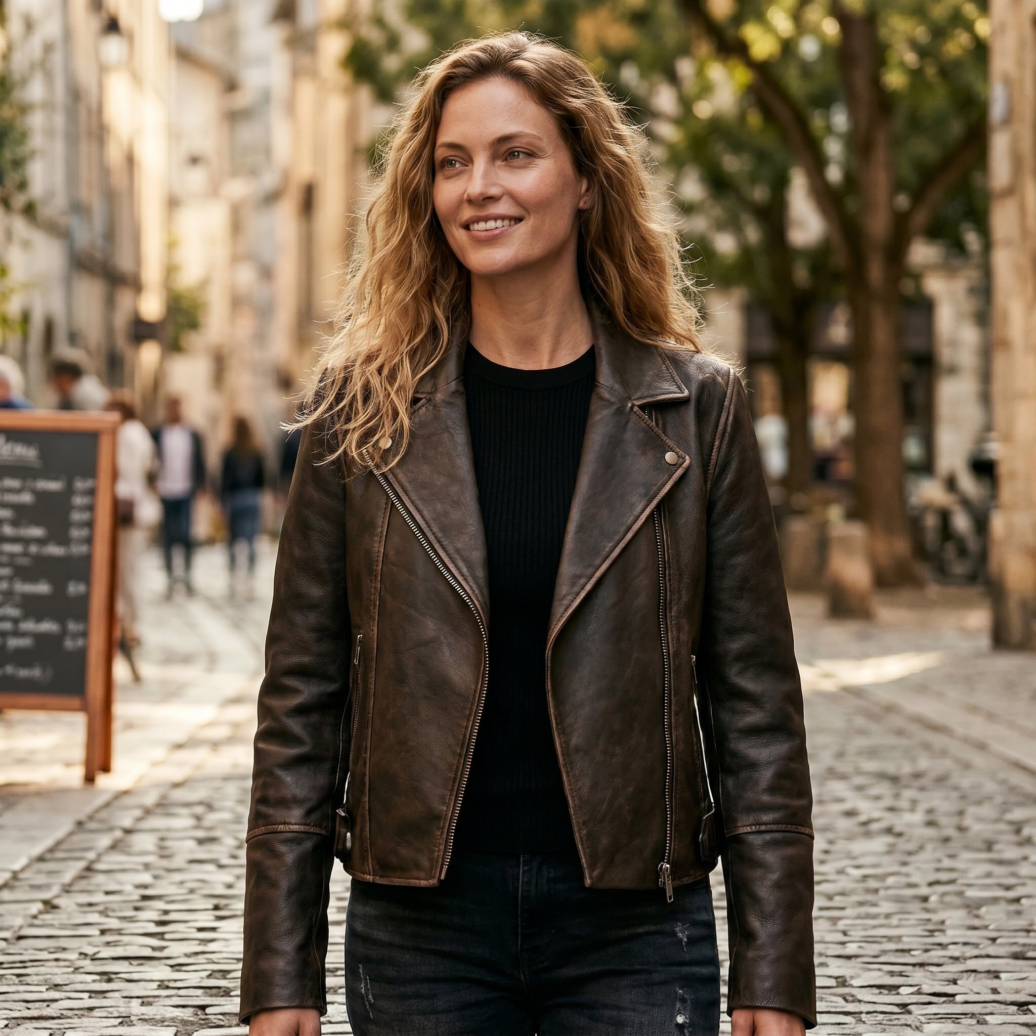 Women's Brown Distressed Faux Leather Biker Jacket Moto Style - RXD Leather 00322 