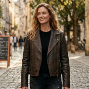 Women's brown faux leather moto jacket with zip – RXD Leather