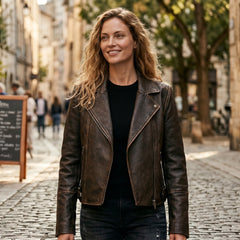 Women's Brown Distressed Faux Leather Biker Jacket Moto Style - RXD Leather 00322 