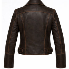 Women's Brown Distressed Faux Leather Biker Jacket Moto Style - RXD Leather 00322 