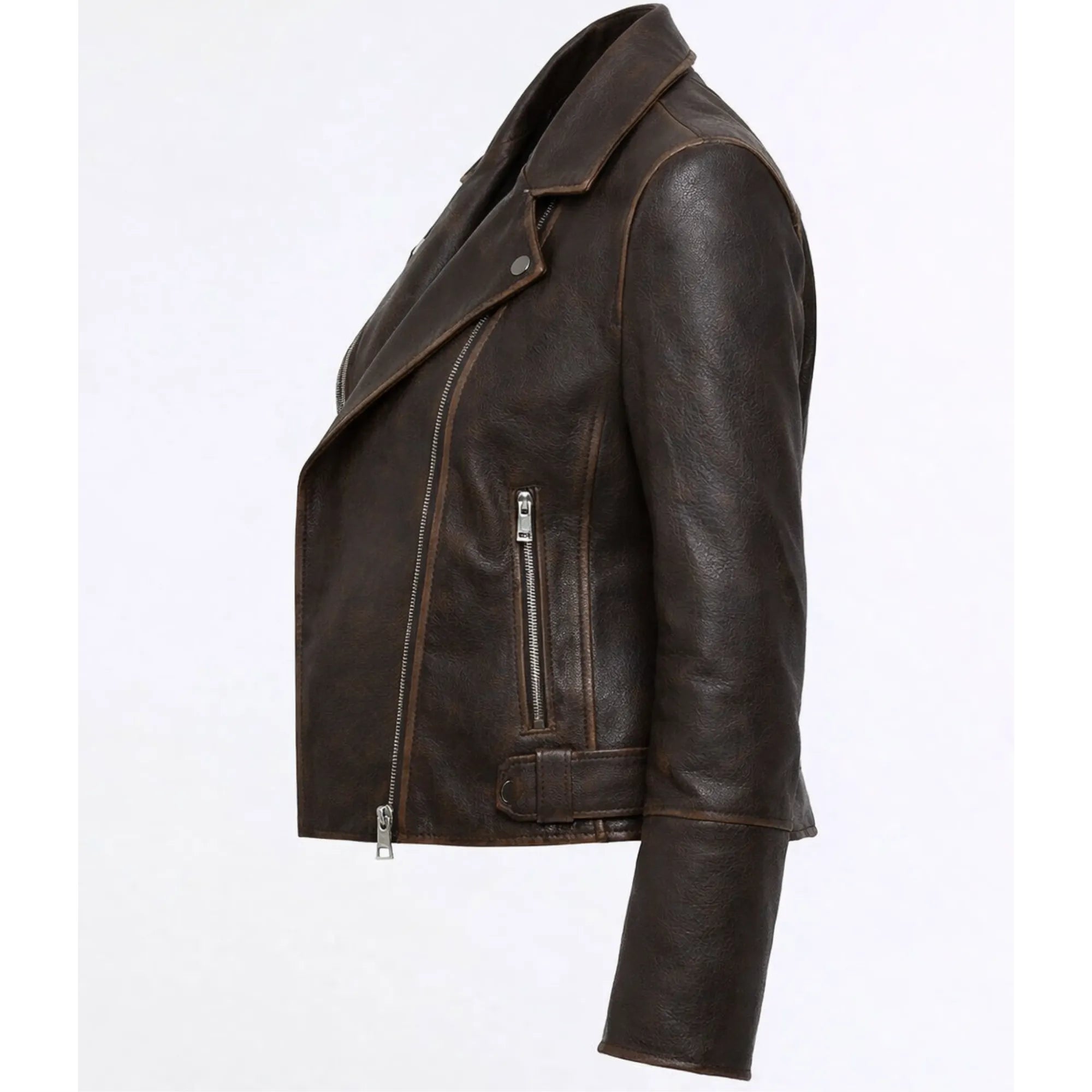 Women's Brown Distressed Faux Leather Biker Jacket Moto Style - RXD Leather 00322 