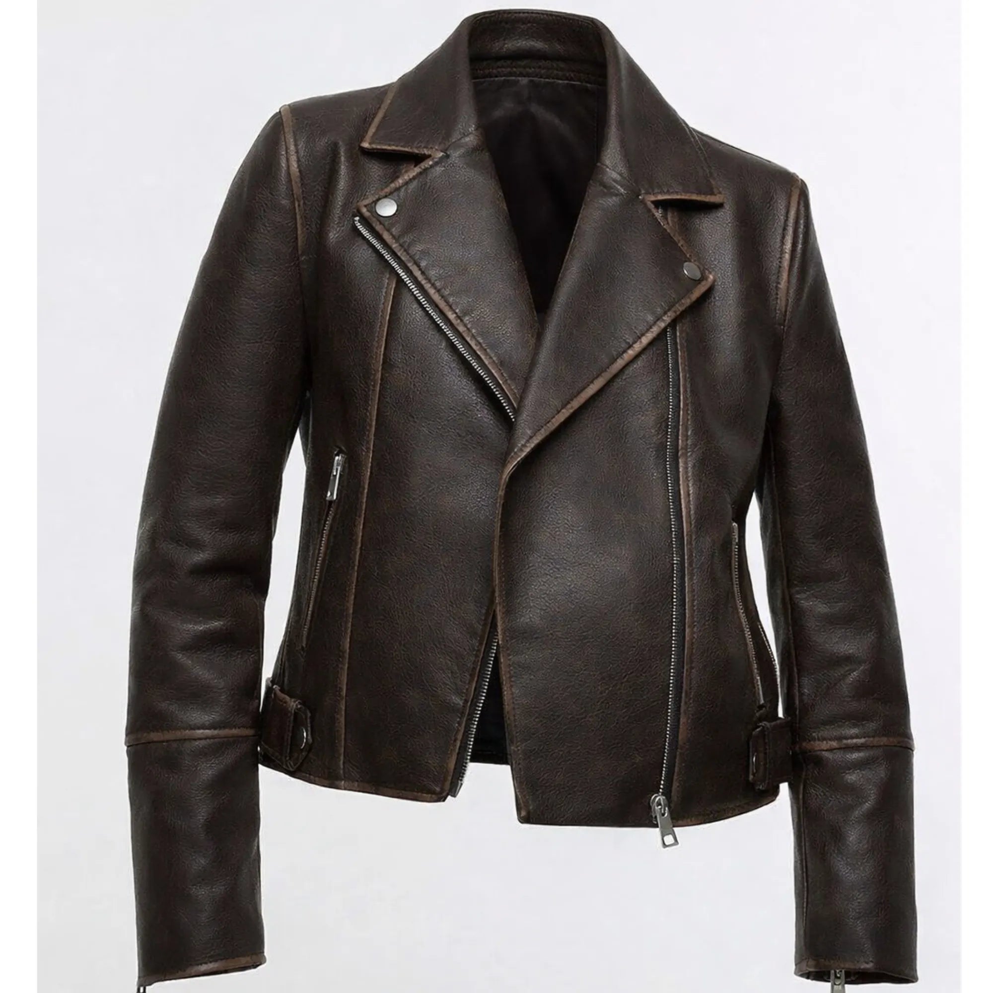 Women's Brown Distressed Faux Leather Biker Jacket Moto Style - RXD Leather 00322 