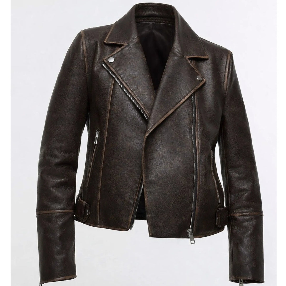 Women's Brown Distressed Faux Leather Biker Jacket Moto Style - RXD Leather 00322 