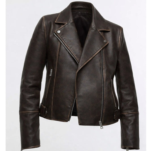 Women's Brown Distressed Faux Leather Biker Jacket Moto Style - RXD Leather 00322  2000