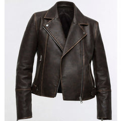 Women's Brown Distressed Faux Leather Biker Jacket Moto Style - RXD Leather 00322 