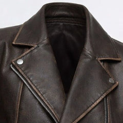 Women's Brown Distressed Faux Leather Biker Jacket Moto Style - RXD Leather 00322 