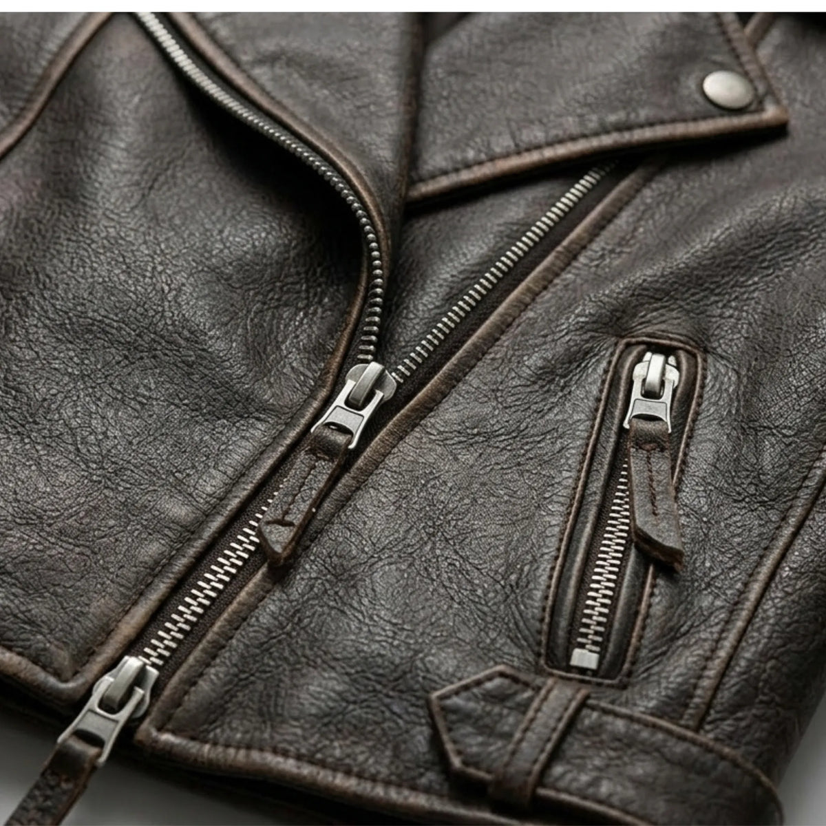Women's brown distressed faux leather biker jacket detail – RXD Leather