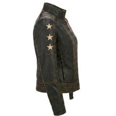 Women Distressed Brown Leather Biker Jacket Slim Fit Biker Style - RXD Leather 00323 