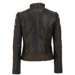 Women Distressed Brown Leather Biker Jacket Slim Fit Biker Style - RXD Leather 00323 