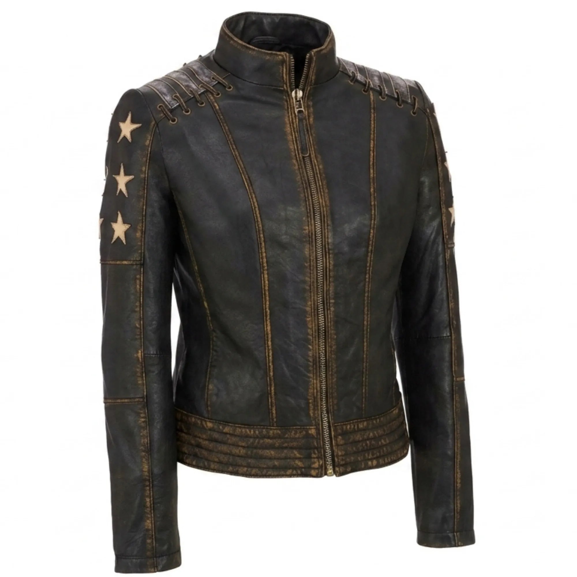 Women Distressed Brown Leather Biker Jacket Slim Fit Biker Style - RXD Leather 00323 