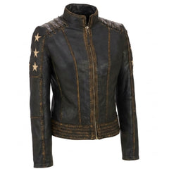 Women Distressed Brown Leather Biker Jacket Slim Fit Biker Style - RXD Leather 00323 