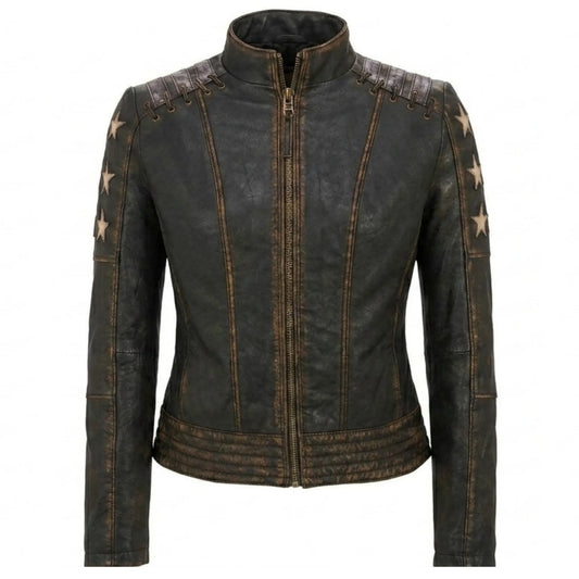 Women Distressed Brown Leather Biker Jacket Slim Fit Biker Style - RXD Leather 00323  2000