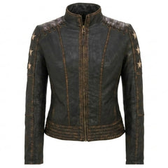 Women Distressed Brown Leather Biker Jacket Slim Fit Biker Style - RXD Leather 00323 