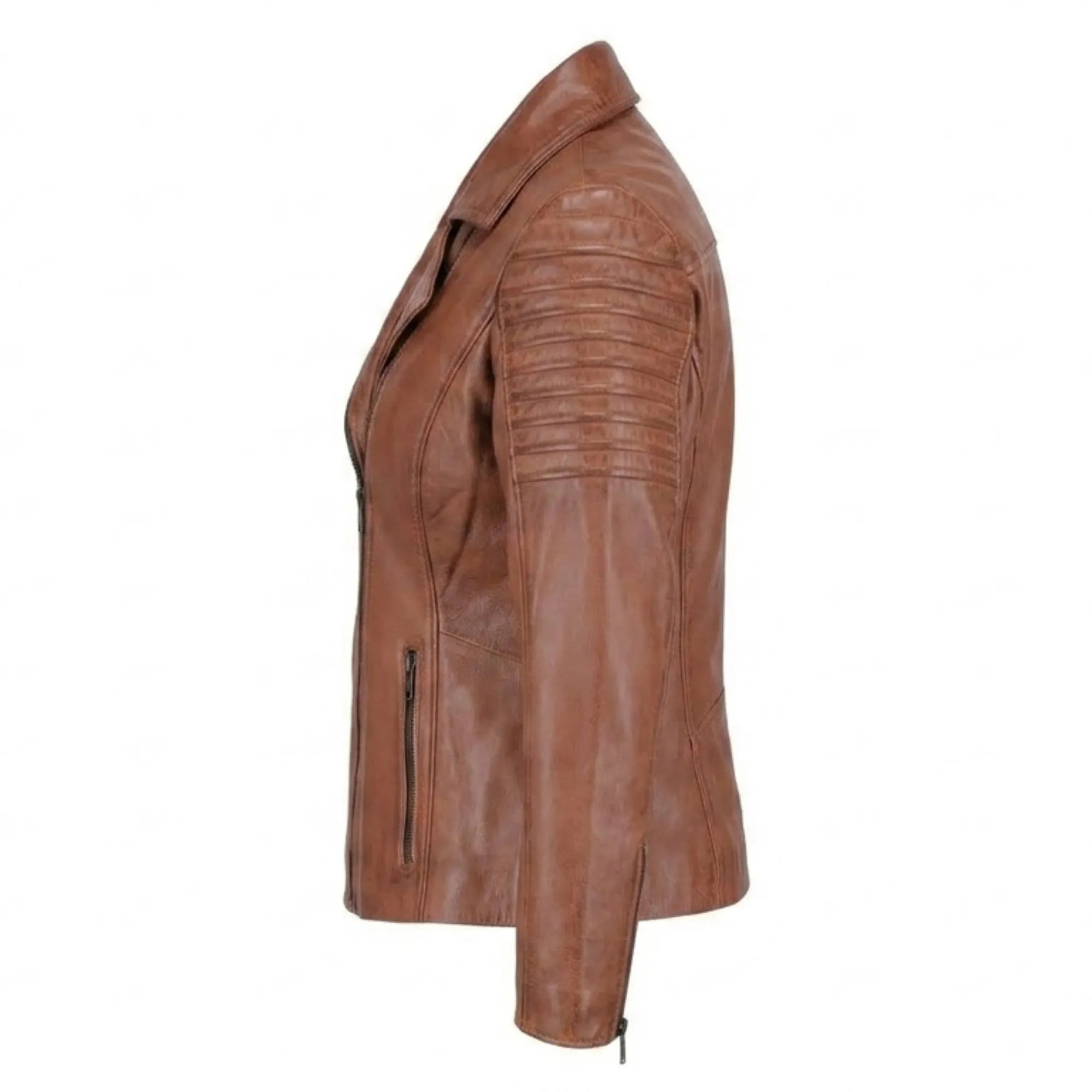 Women's Distressed Brown Lambskin Biker Jacket Slim Moto Style - RXD Leather 00319 