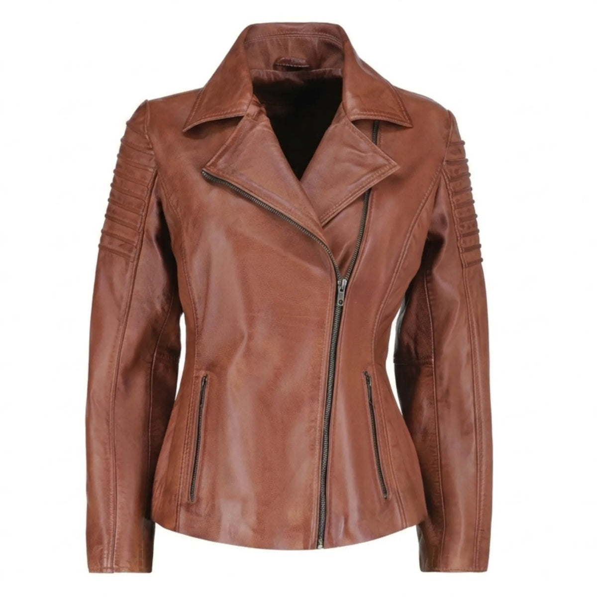 Women's Distressed Brown Lambskin Biker Jacket Slim Moto Style - RXD Leather 00319 