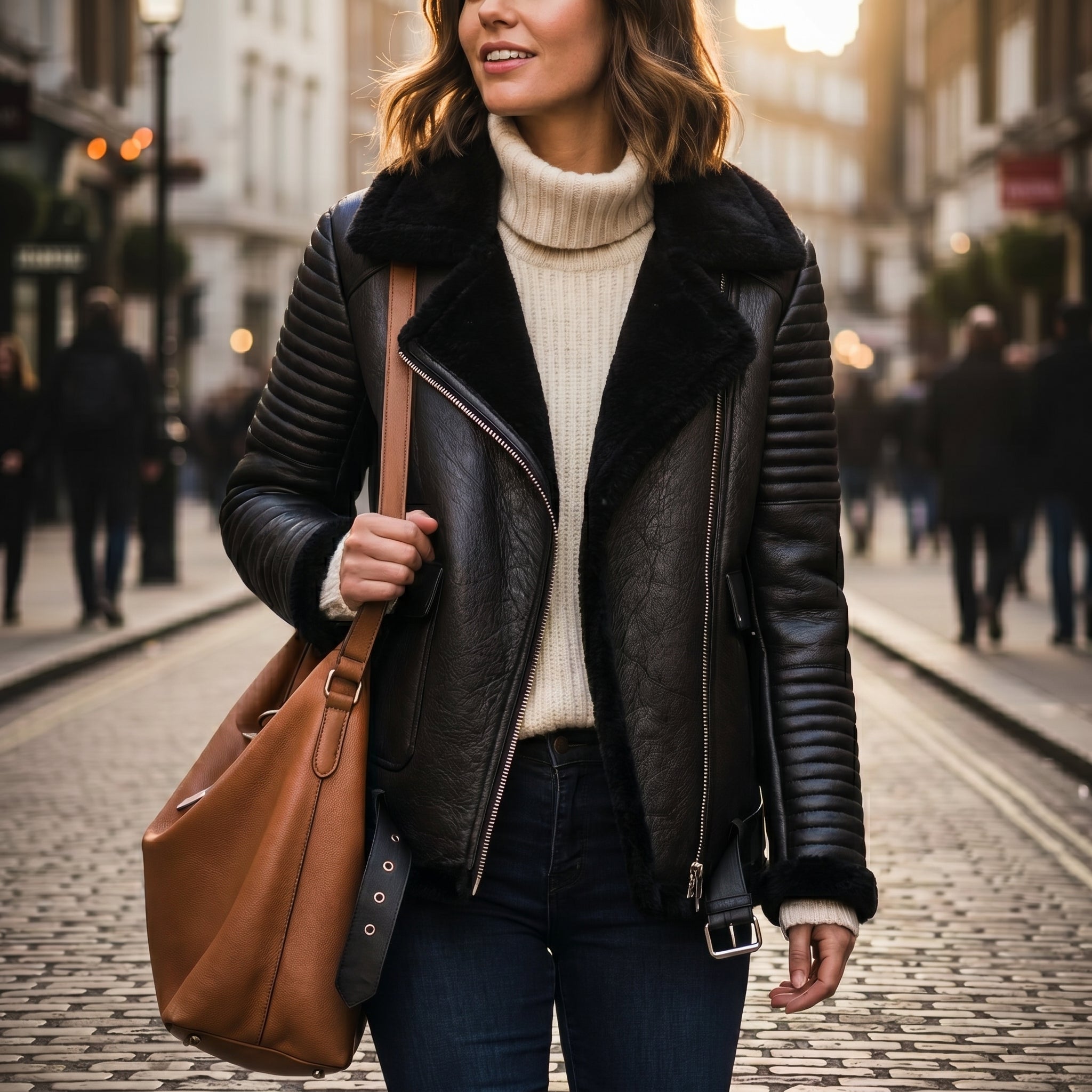 Women's black sheepskin aviator jacket with fur – RXD Leather