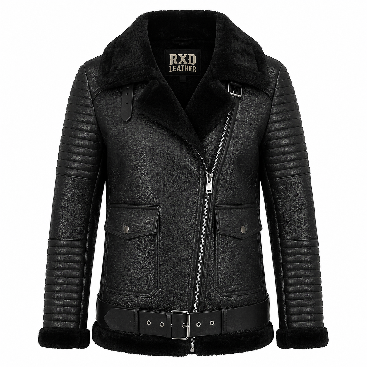 Women's black fur sheepskin aviator leather jacket – RXD Leather
