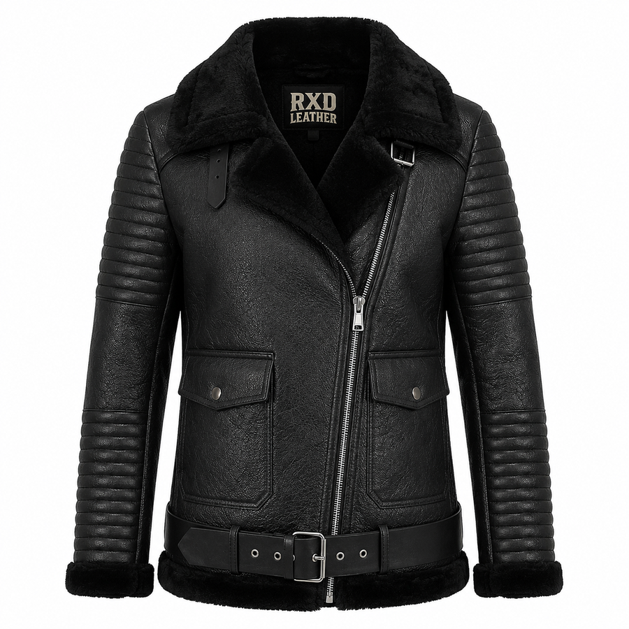Women's black fur sheepskin aviator leather jacket – RXD Leather