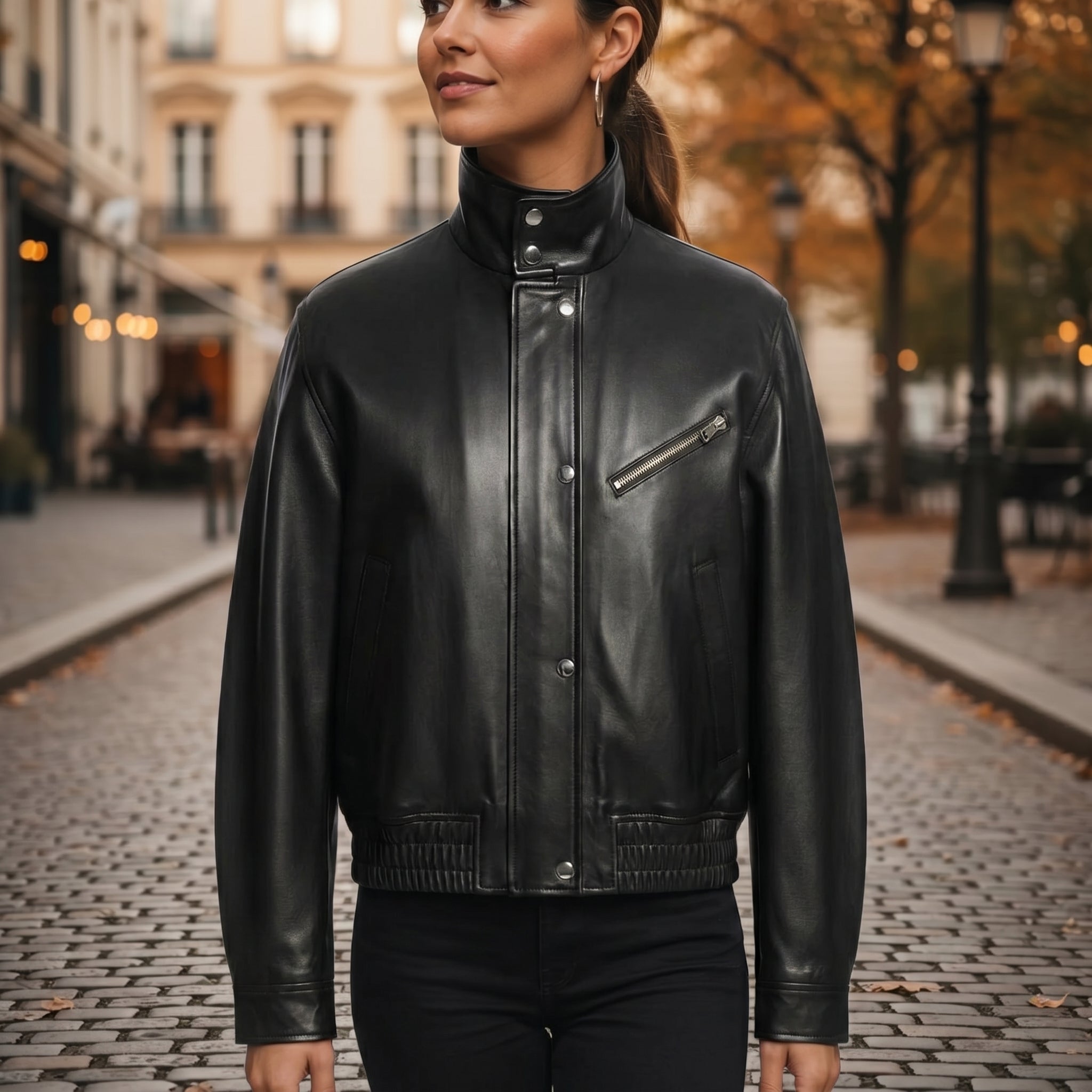 Women's black leather blouson jacket with snap zip – RXD Leather