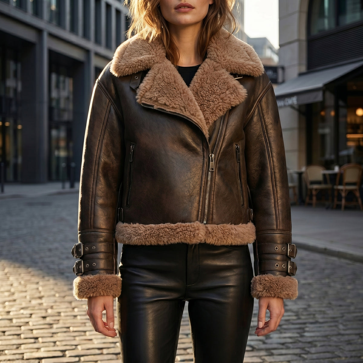 Women's brown faux shearling biker jacket – RXD Leather