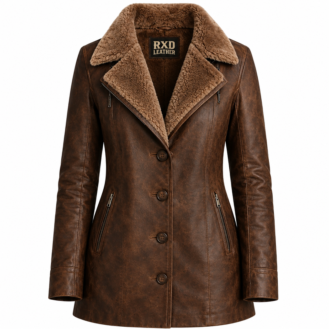 Women's brown shearling leather long coat with fur collar – RXD Leather