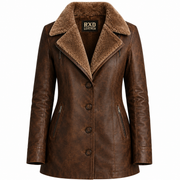 Women's brown shearling leather long coat with fur collar – RXD Leather