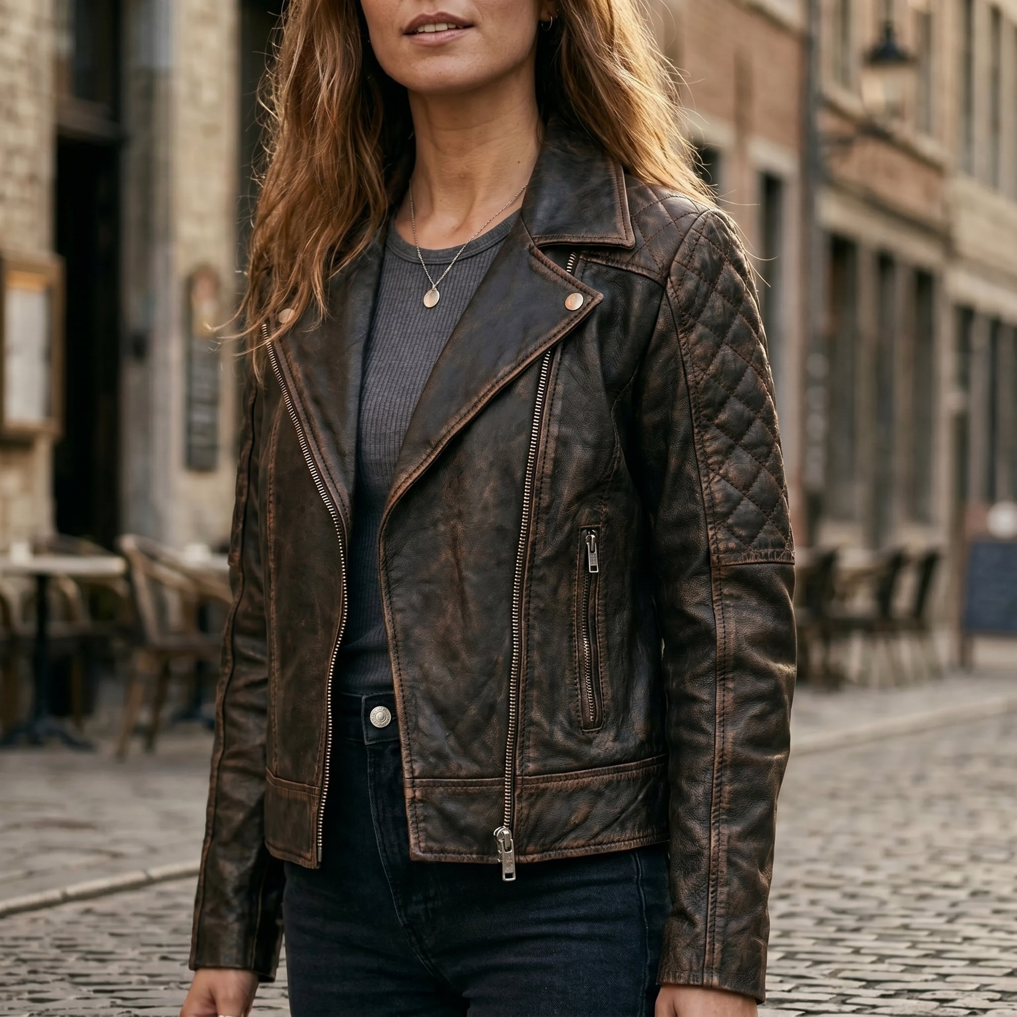 Women's brown goatskin jacket with quilted sleeves – RXD Leather