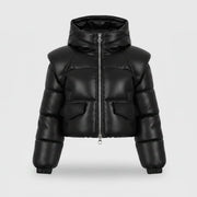 Women's black sheepskin leather cropped puffer jacket – RXD Leather