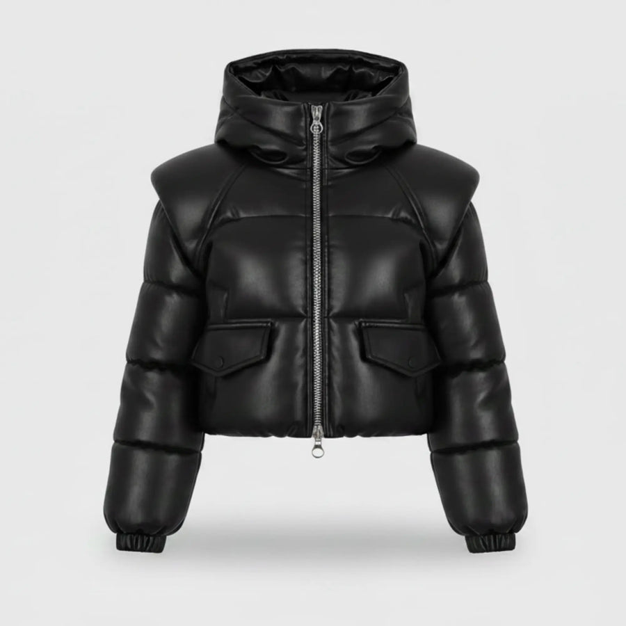Women's black sheepskin leather cropped puffer jacket – RXD Leather