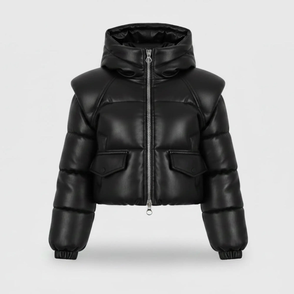 Women’s Black Leather Puffer Jacket Sheepskin Cropped Winter Coat - RXD Leather 00370