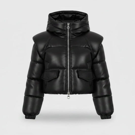 Women’s Black Leather Puffer Jacket Sheepskin Cropped Winter Coat - RXD Leather 00370 2000