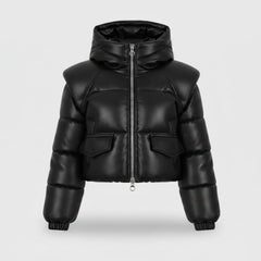 Women’s Black Leather Puffer Jacket Sheepskin Cropped Winter Coat - RXD Leather 00370