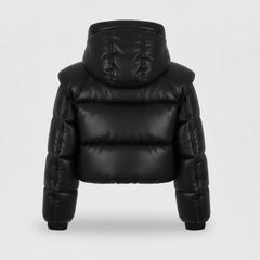 Women’s Black Leather Puffer Jacket Sheepskin Cropped Winter Coat - RXD Leather 00370 