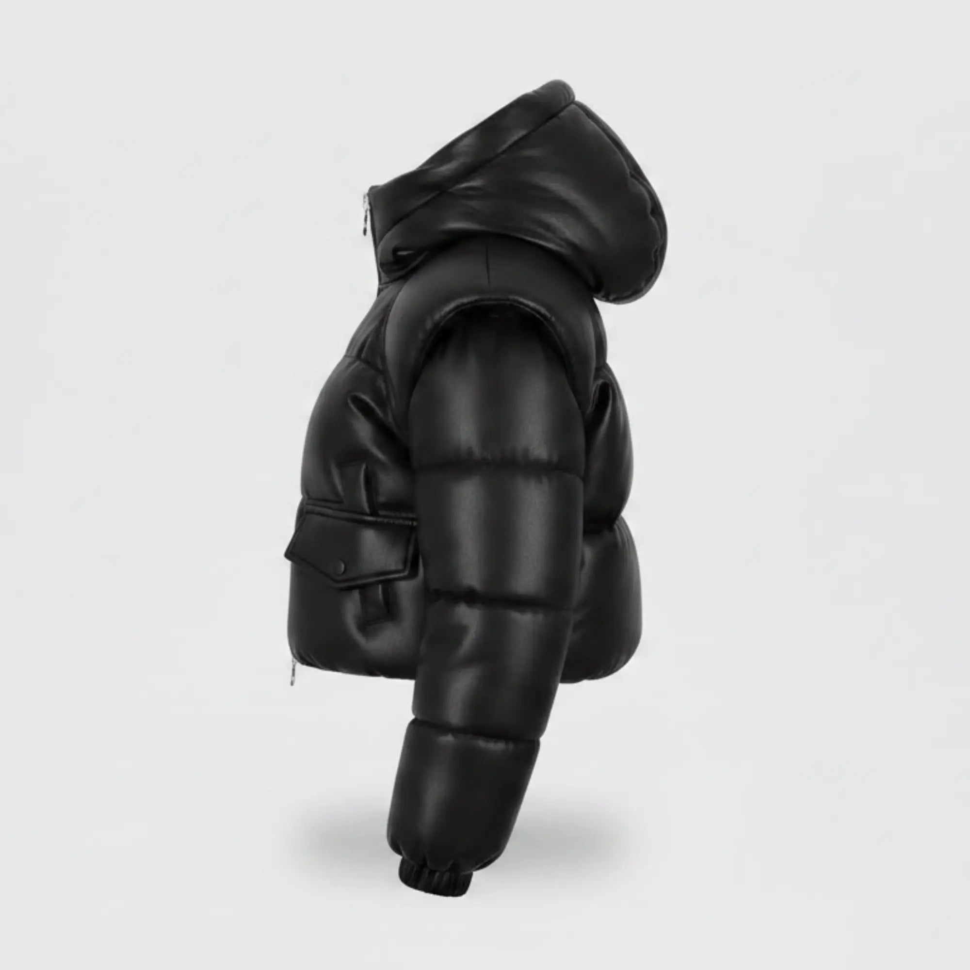 Women’s Black Leather Puffer Jacket Sheepskin Cropped Winter Coat - RXD Leather 00370 