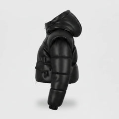 Women’s Black Leather Puffer Jacket Sheepskin Cropped Winter Coat - RXD Leather 00370 