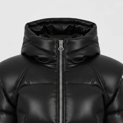 Women’s Black Leather Puffer Jacket Sheepskin Cropped Winter Coat - RXD Leather 00370 