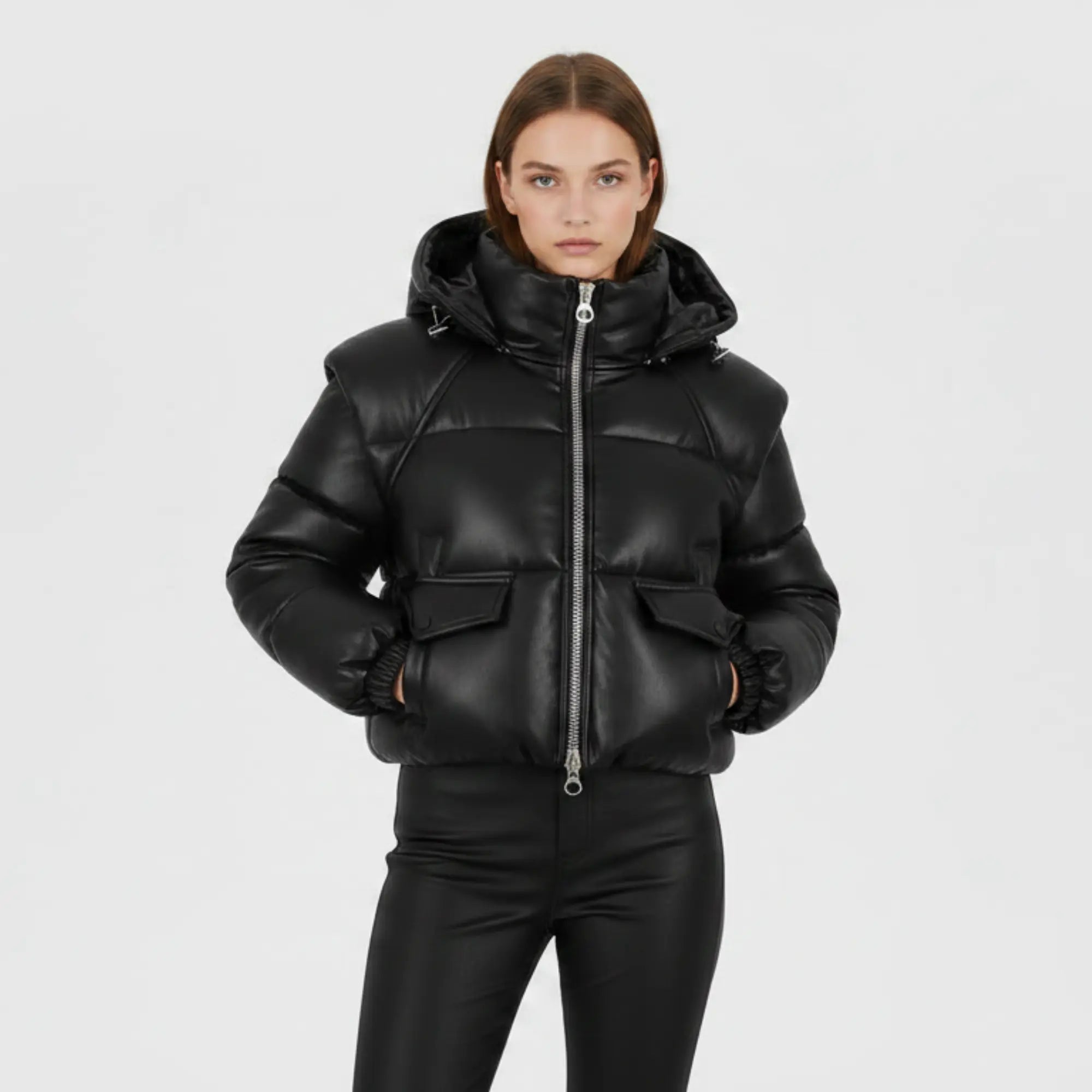 Women’s Black Leather Puffer Jacket Sheepskin Cropped Winter Coat - RXD Leather 00370